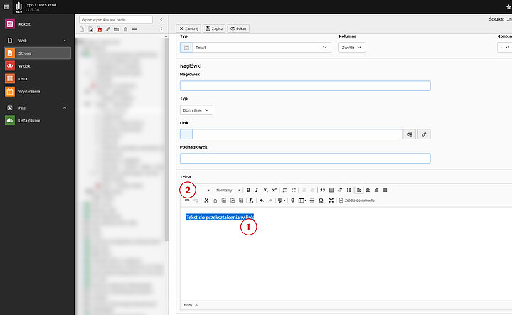 Zrzut ekranu z panelem administracyjnym programu Typo3