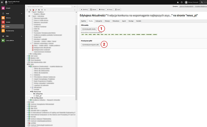Zrzut ekranu prezentujący panel administracyjny programu Typo3