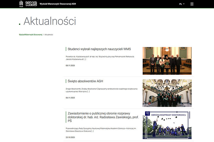 Zrzut ekranu prezentujący fragment strony internetowej z listą aktualności wraz z miniaturami towarzyszących im grafik.