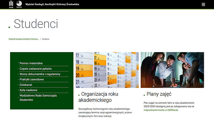 Zrzut ekranu pokazujący stronę z prostokątnym elementem menu tekstowego na ciemnozielonym tle.