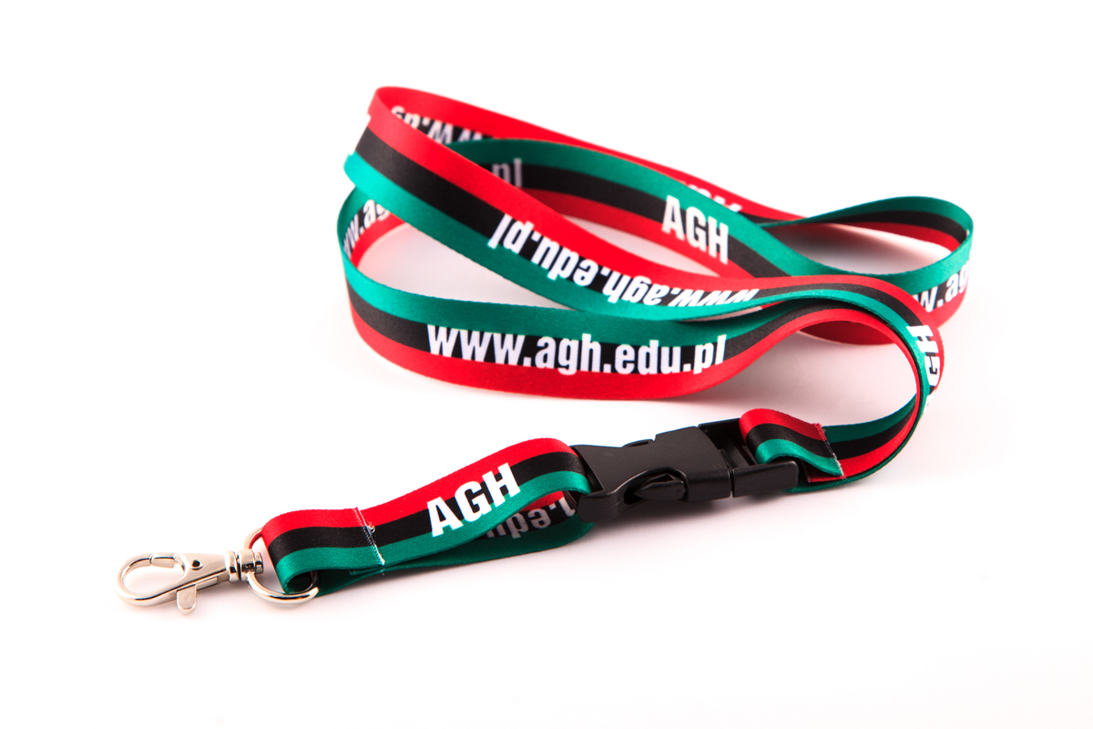 smycz na klucze w kolorach AGH z białym napisem www.agh.edu.pl
