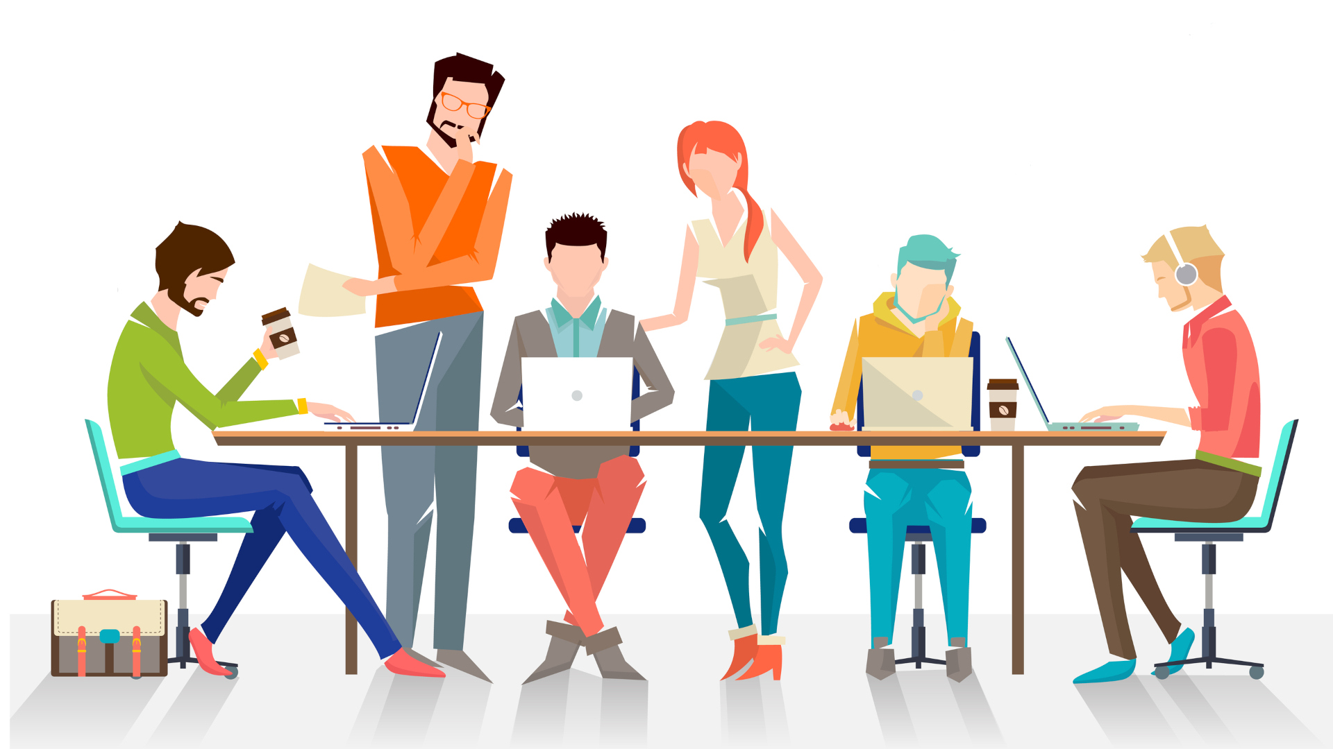 Kolorowa grafika dekoracyjna. Grupa 6 pracowników. Czterech z nich siedzi przy stole z otwartymi laptopami, dwie stoją nad nimi i patrzą w monitor jednego z nich.
